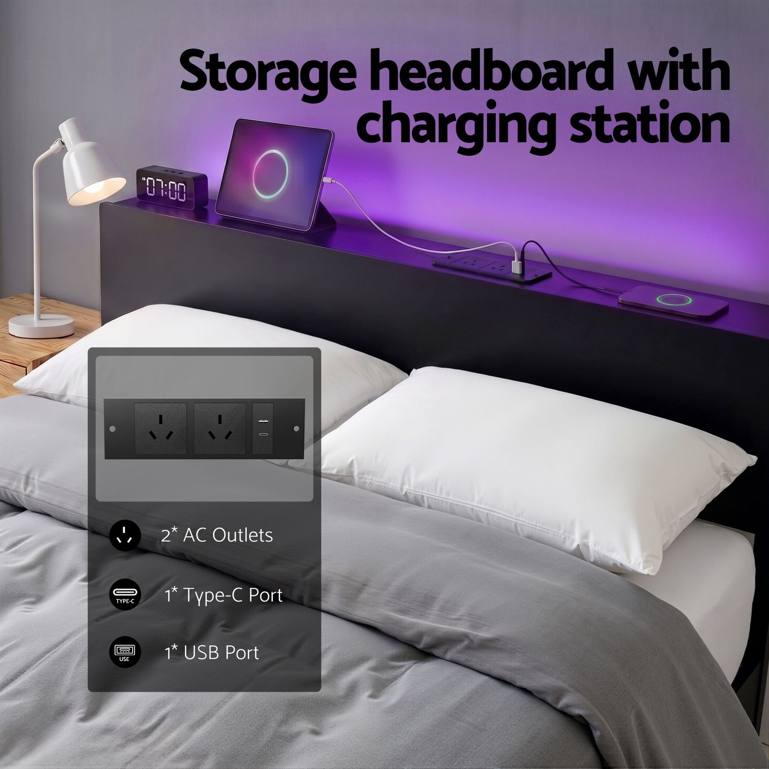 Artiss Bed Frame Queen Size LED Metal Bed Base with Charging Station LAN-Furniture > Bedroom > Beds &amp; Bed Frames-PEROZ Accessories