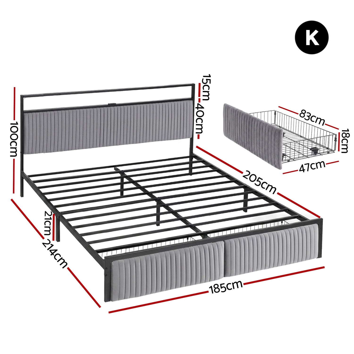 Artiss Metal Bed Frame King Size LED Charging Station 2 Drawers-Furniture > Bedroom > Beds &amp; Bed Frames-PEROZ Accessories