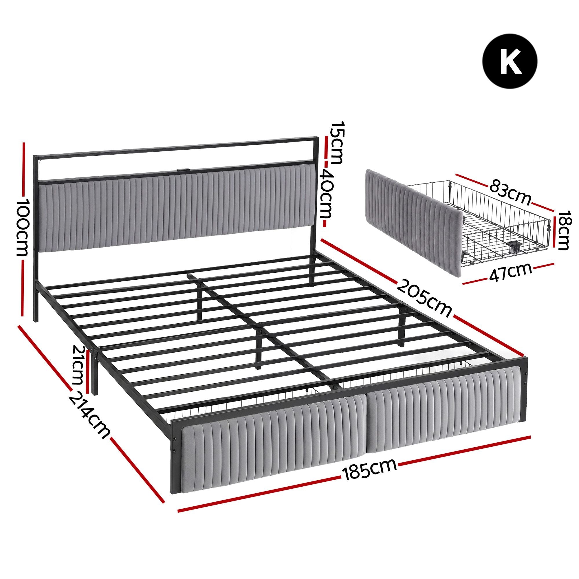 Artiss Metal Bed Frame King Size LED Charging Station 2 Drawers-Furniture > Bedroom > Beds &amp; Bed Frames-PEROZ Accessories