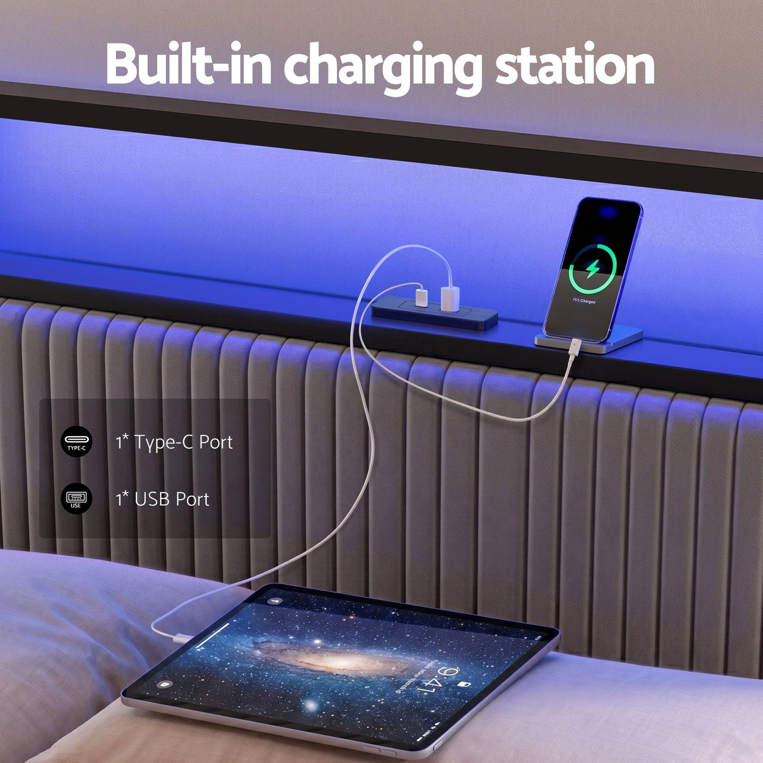 Artiss Metal Bed Frame King Size LED Charging Station 2 Drawers-Furniture > Bedroom > Beds &amp; Bed Frames-PEROZ Accessories