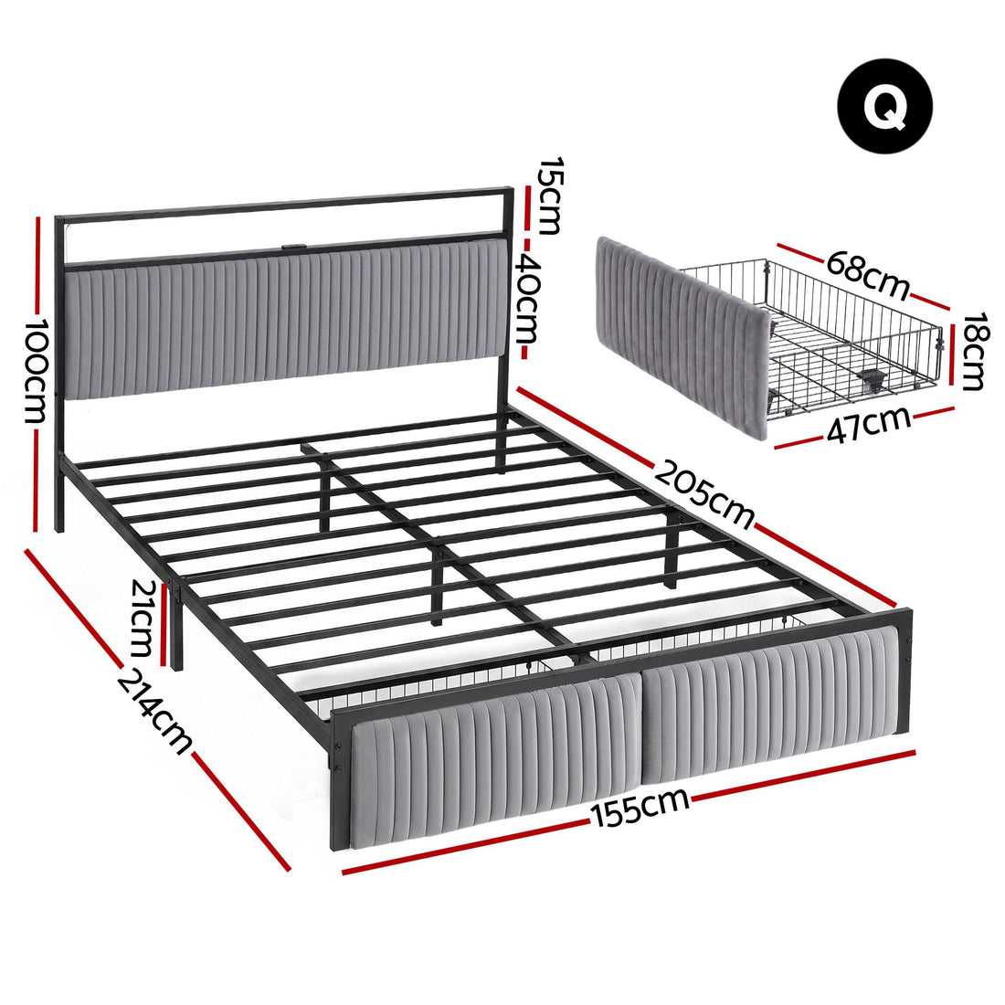 Artiss Metal Bed Frame Queen Size LED Charging Station 2 Drawers-Furniture > Bedroom > Beds &amp; Bed Frames-PEROZ Accessories