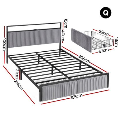 Artiss Metal Bed Frame Queen Size LED Charging Station 2 Drawers-Furniture > Bedroom > Beds &amp; Bed Frames-PEROZ Accessories