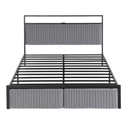 Artiss Metal Bed Frame Queen Size LED Charging Station 2 Drawers-Furniture > Bedroom > Beds &amp; Bed Frames-PEROZ Accessories