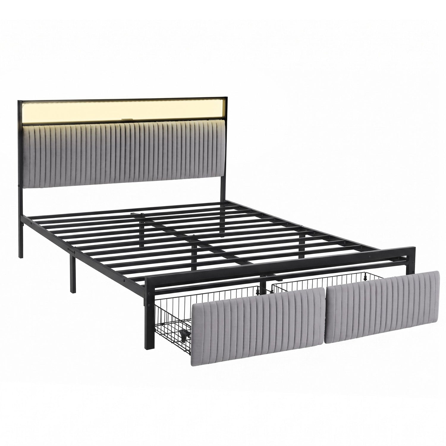 Artiss Metal Bed Frame Queen Size LED Charging Station 2 Drawers-Furniture > Bedroom > Beds &amp; Bed Frames-PEROZ Accessories