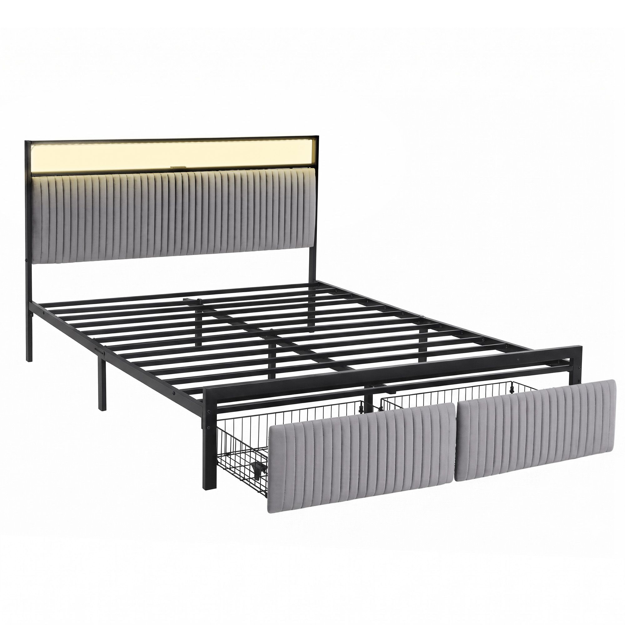 Artiss Metal Bed Frame Queen Size LED Charging Station 2 Drawers-Furniture > Bedroom > Beds &amp; Bed Frames-PEROZ Accessories
