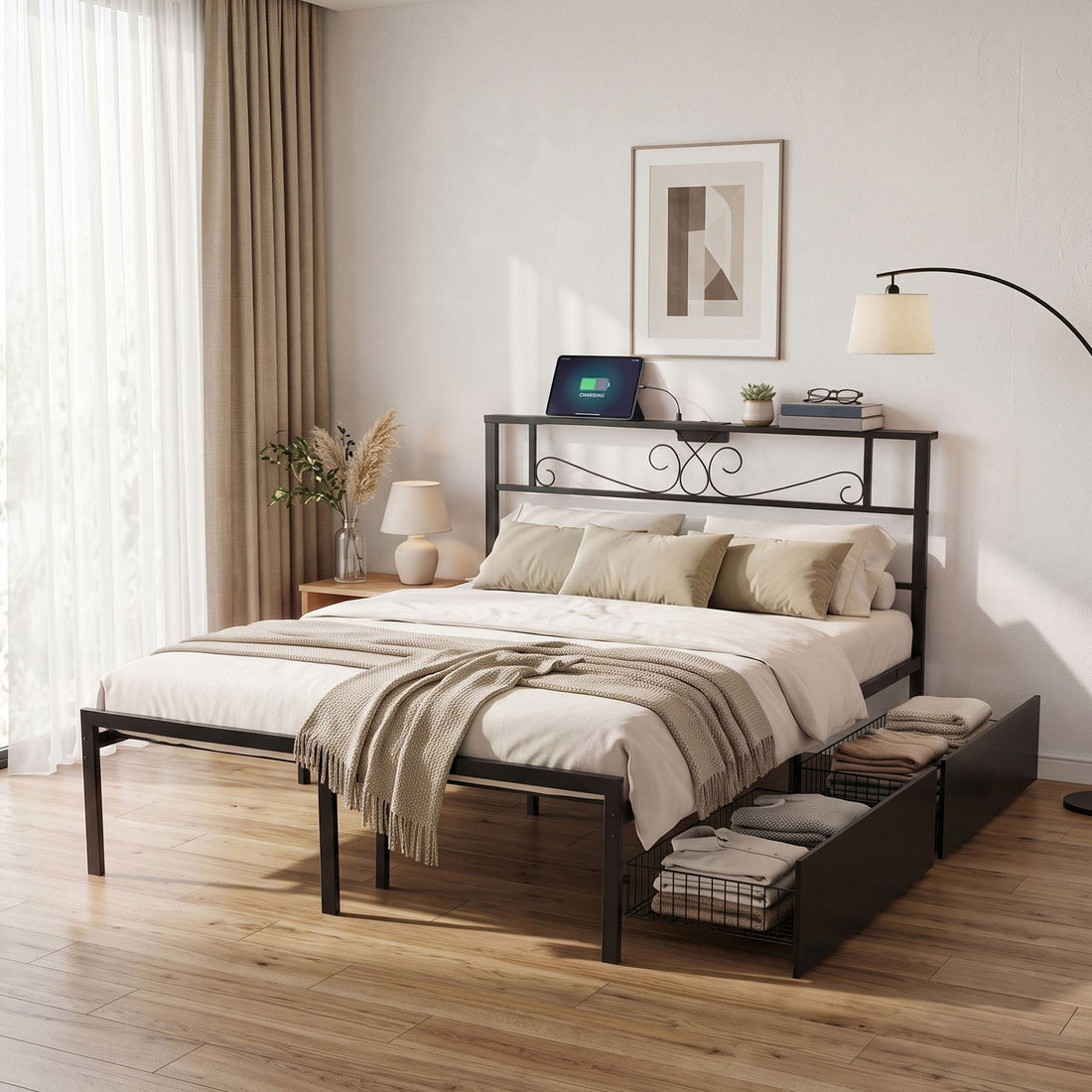 Artiss Double Bed Frame with Charging Station &amp; Storage Drawers Metal-Furniture > Bedroom > Beds &amp; Bed Frames-PEROZ Accessories