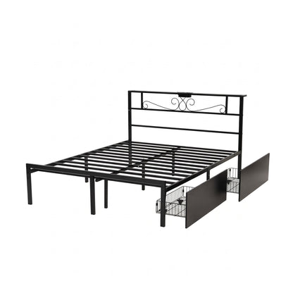 Artiss Double Bed Frame with Charging Station &amp; Storage Drawers Metal