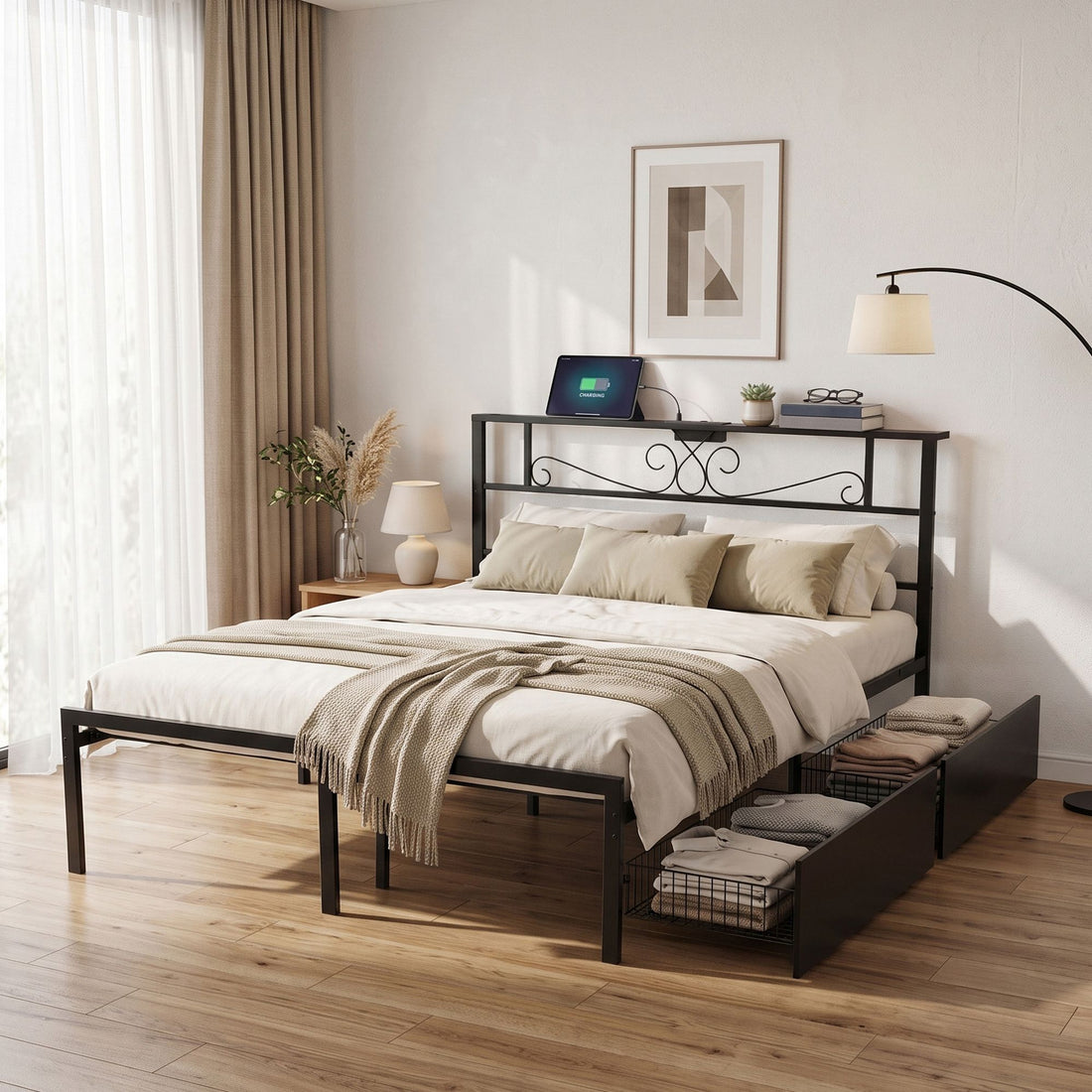 Artiss Queen Bed Frame with Charging Station &amp; Storage Drawers Metal-Furniture > Bedroom > Beds &amp; Bed Frames-PEROZ Accessories