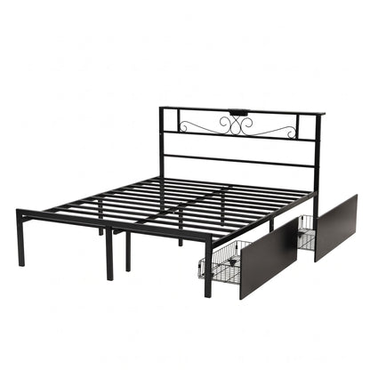 Artiss Queen Bed Frame with Charging Station &amp; Storage Drawers Metal