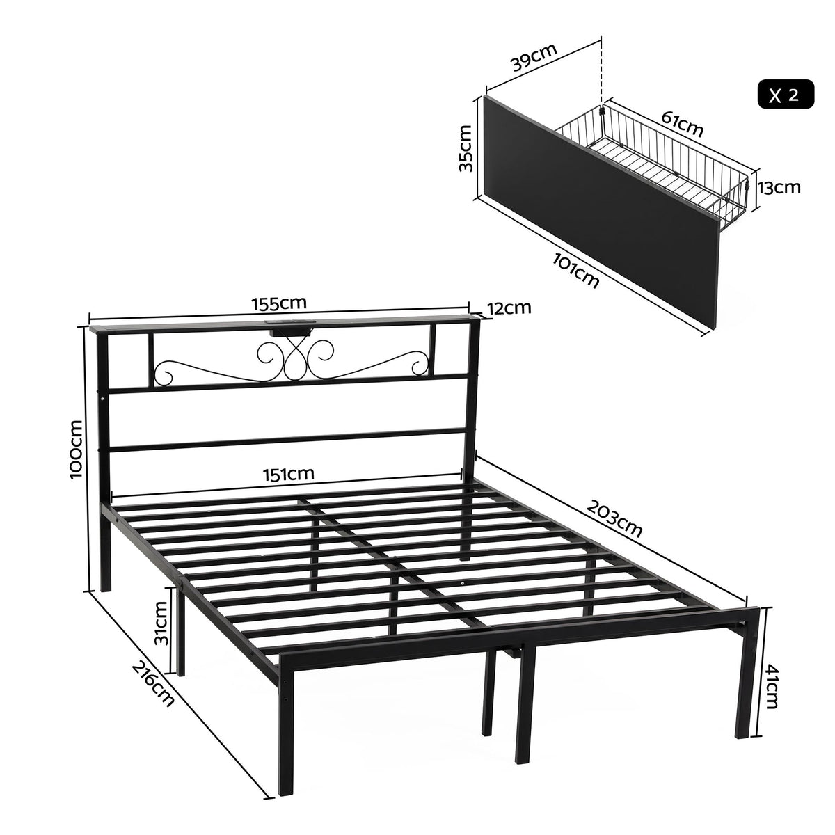 Artiss Queen Bed Frame with Charging Station &amp; Storage Drawers Metal