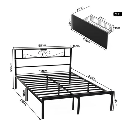 Artiss Queen Bed Frame with Charging Station &amp; Storage Drawers Metal