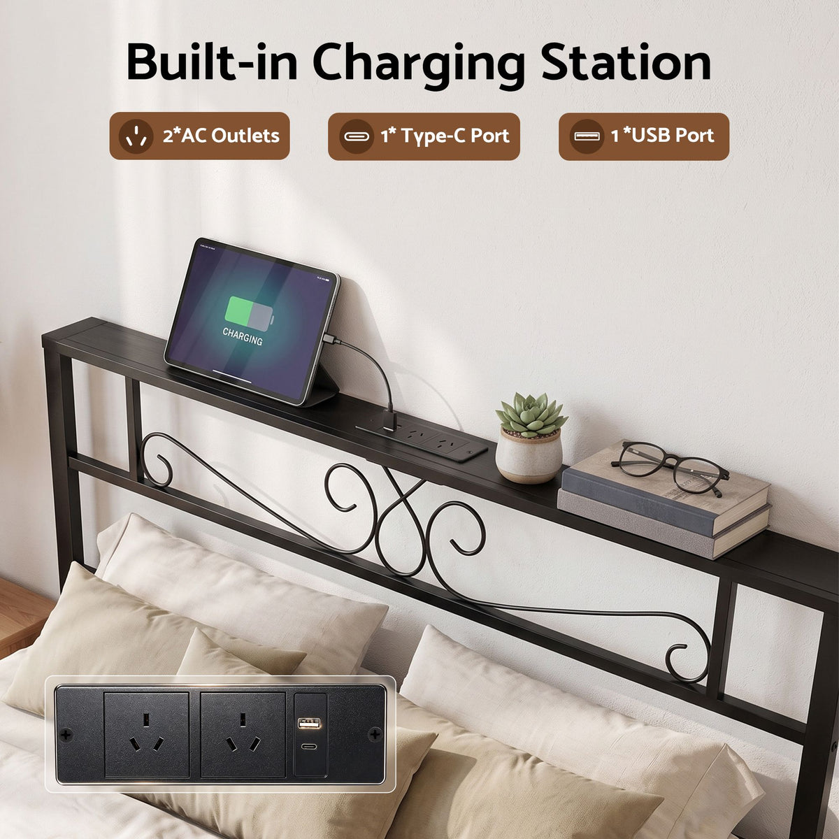 Artiss Queen Bed Frame with Charging Station &amp; Storage Drawers Metal