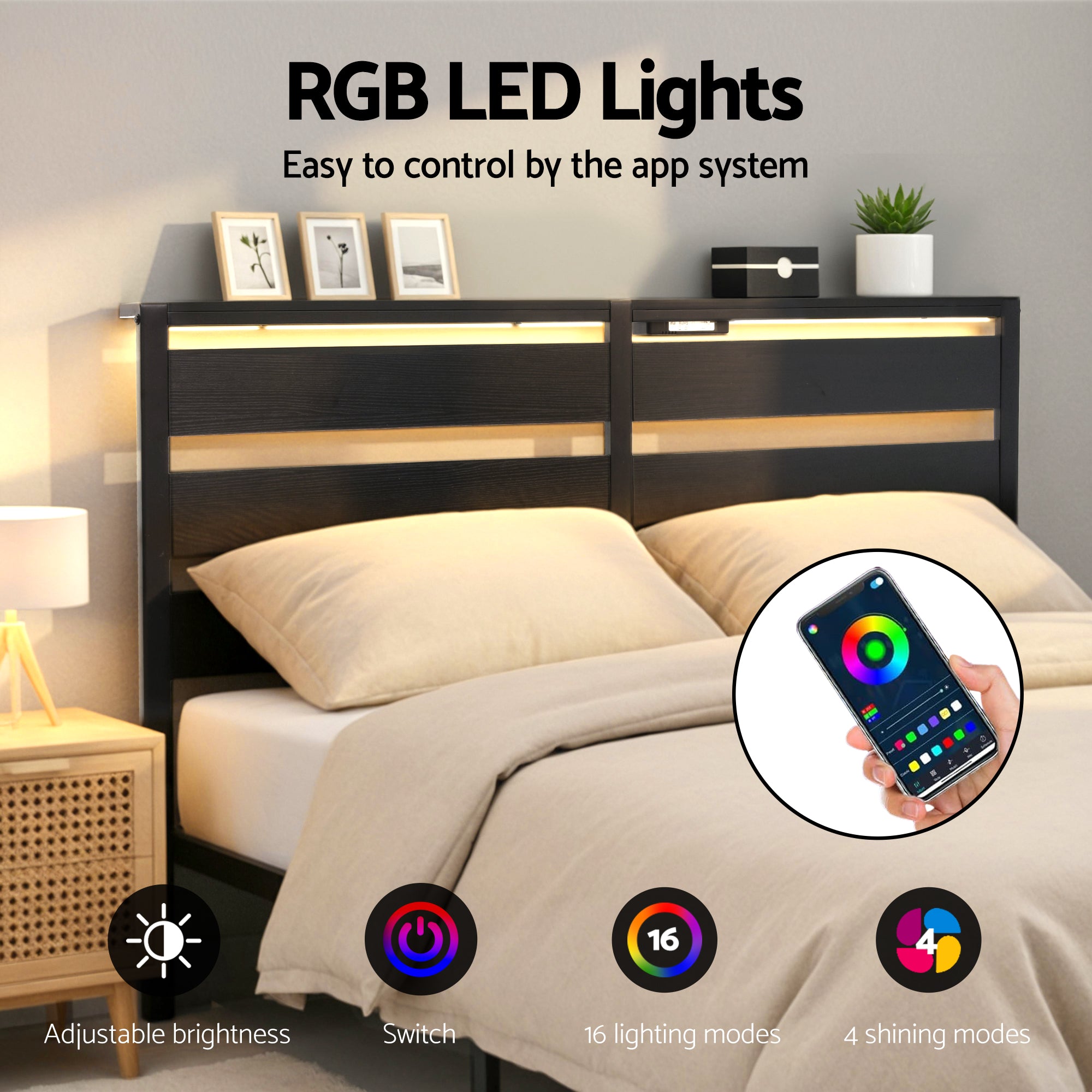 Artiss Bed Frame Double Size LED Metal Bed Base with Charging Station-Furniture > Bedroom > Beds &amp; Bed Frames-PEROZ Accessories