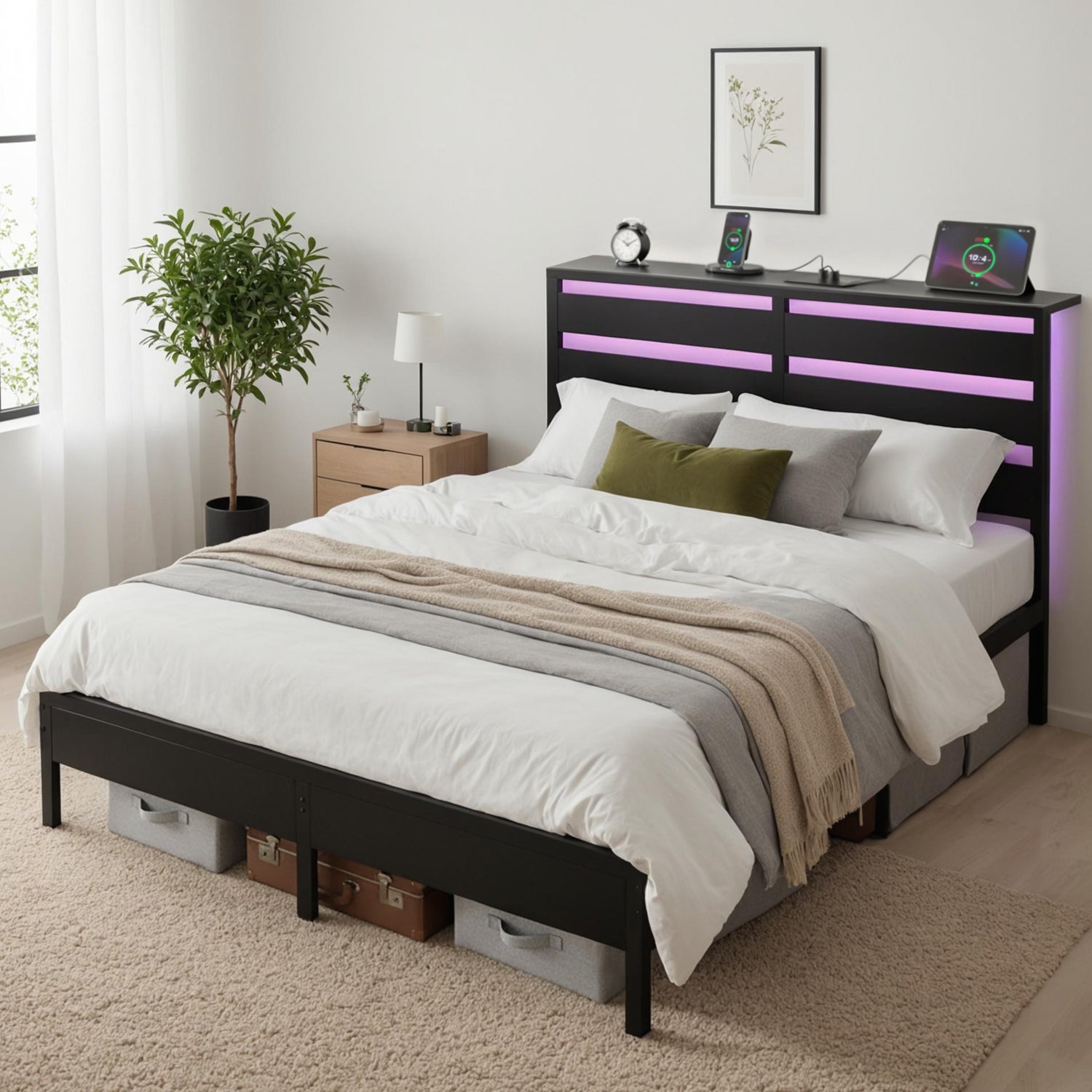 Artiss Bed Frame Double Size LED Metal Bed Base with Charging Station-Furniture > Bedroom > Beds &amp; Bed Frames-PEROZ Accessories