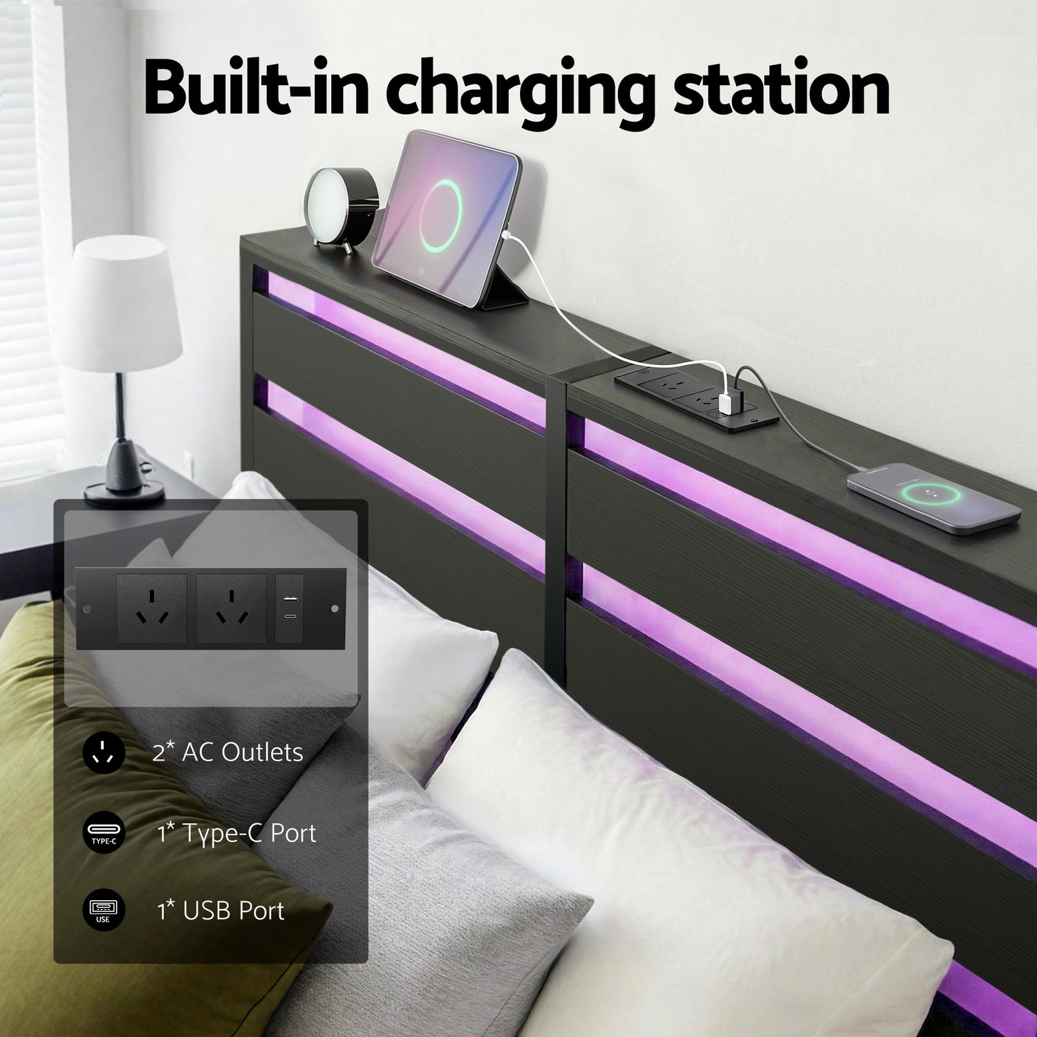 Artiss Bed Frame Queen Size LED Metal Bed Base with Charging Station-Furniture > Bedroom > Beds &amp; Bed Frames-PEROZ Accessories