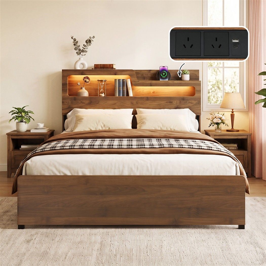 Artiss Double Bed Frame Metal with Charging Station LED Light Storage Shelf-Furniture > Bedroom > Beds &amp; Bed Frames-PEROZ Accessories