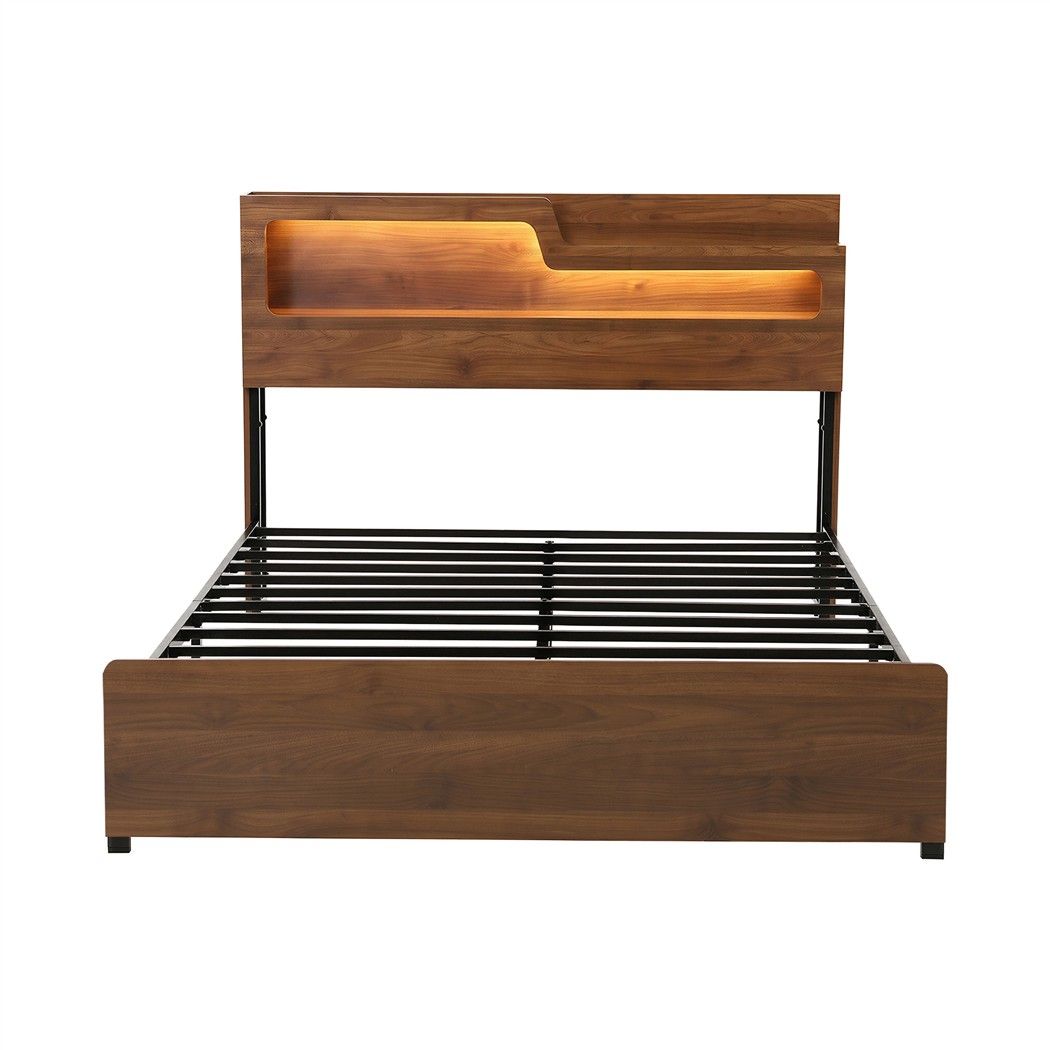 Artiss Double Bed Frame Metal with Charging Station LED Light Storage Shelf-Furniture > Bedroom > Beds &amp; Bed Frames-PEROZ Accessories