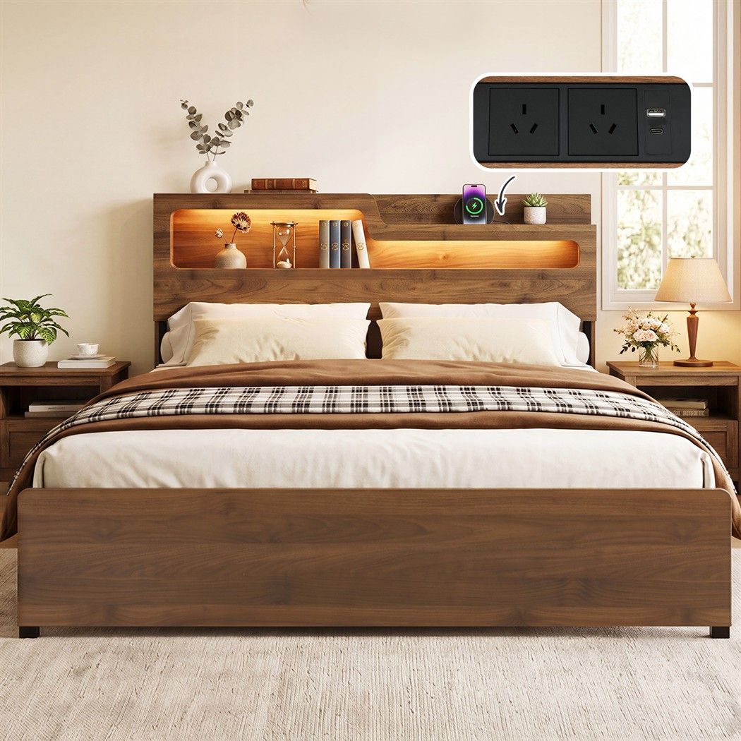 Artiss King Bed Frame Metal with Charging Station LED Light Storage Shelf-Furniture > Bedroom > Beds &amp; Bed Frames-PEROZ Accessories