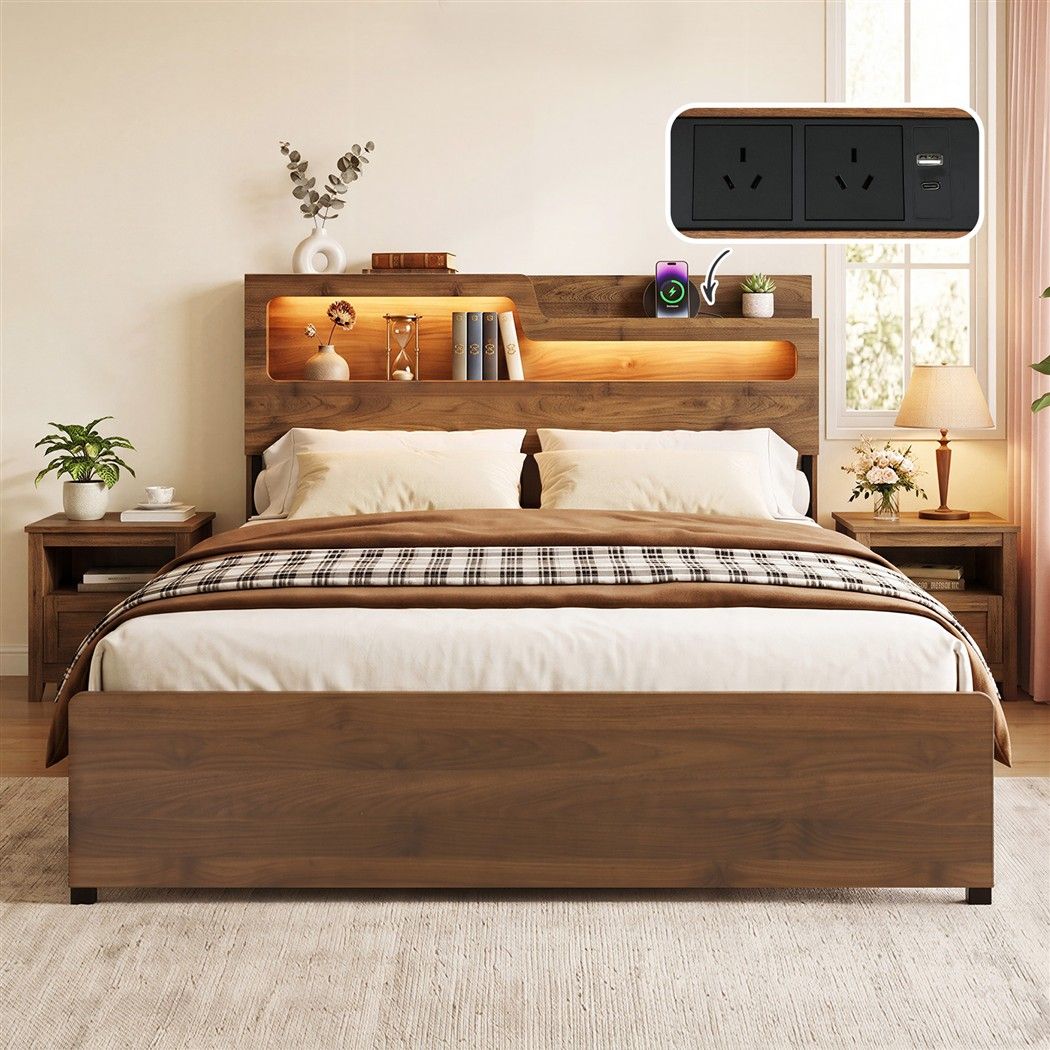 Artiss Queen Bed Frame Metal with Charging Station LED Light Storage Shelf-Furniture > Bedroom > Beds &amp; Bed Frames-PEROZ Accessories