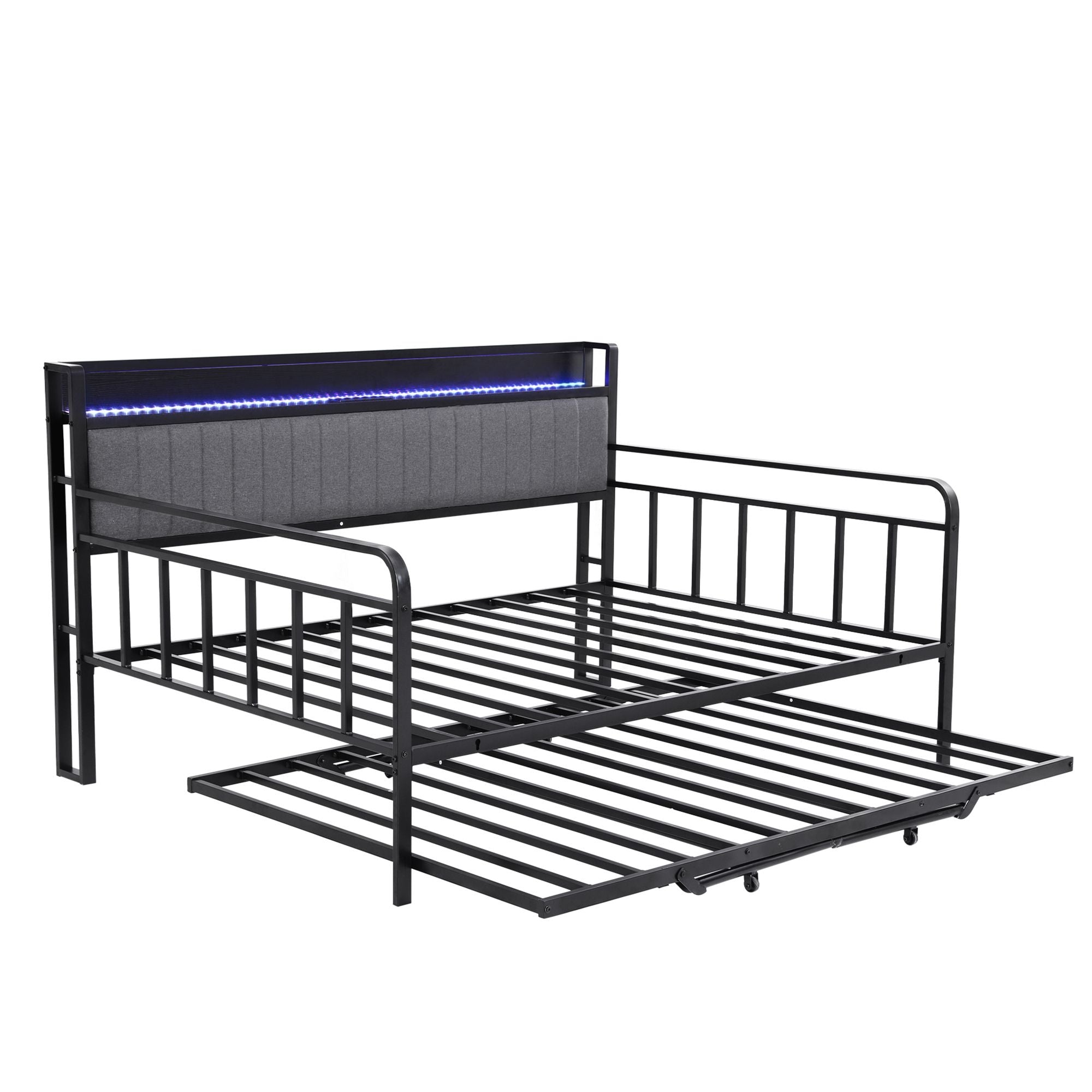Artiss Bed Frame Double LED Metal Trundle Daybed with Charging Station TURN