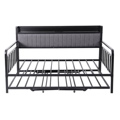 Artiss Bed Frame Double LED Metal Trundle Daybed with Charging Station TURN
