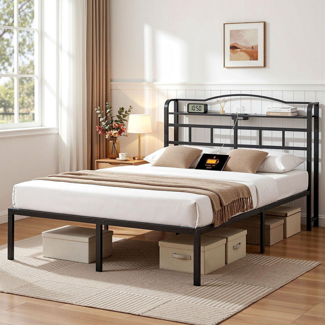 Artiss Bed Frame Double Size with Charging Station WAVE-Furniture > Bedroom > Beds &amp; Bed Frames-PEROZ Accessories