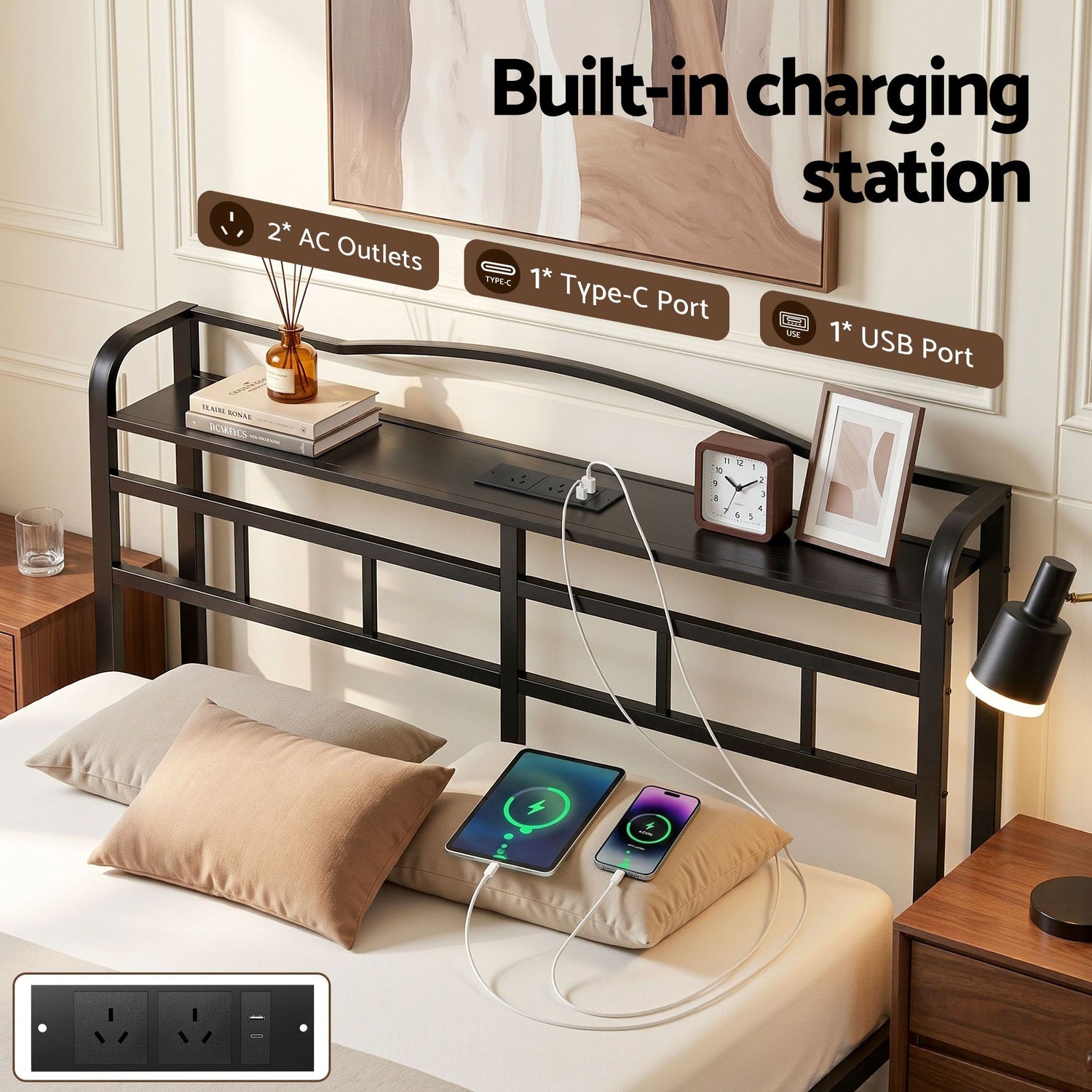 Artiss Bed Frame Double Size with Charging Station WAVE-Furniture > Bedroom > Beds &amp; Bed Frames-PEROZ Accessories