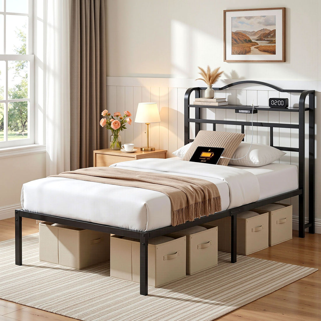 Artiss Bed Frame Single Size with Charging Station WAVE-Furniture > Bedroom > Beds &amp; Bed Frames-PEROZ Accessories