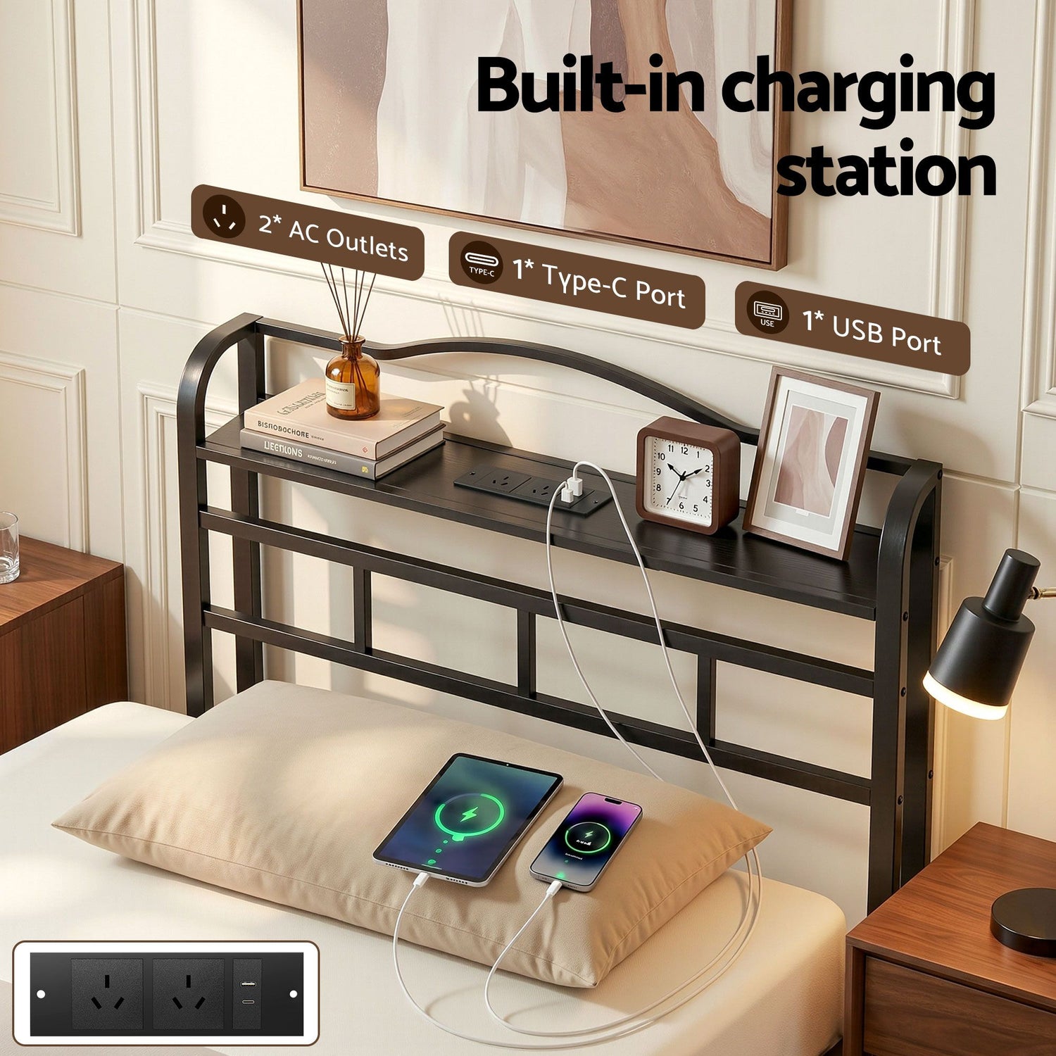 Artiss Bed Frame Single Size with Charging Station WAVE-Furniture > Bedroom > Beds &amp; Bed Frames-PEROZ Accessories