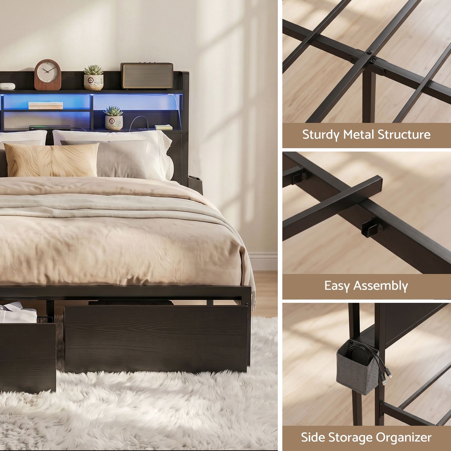 Artiss Bed Frame Queen with Charging Station Storage Organizer Drawers LED ZAC