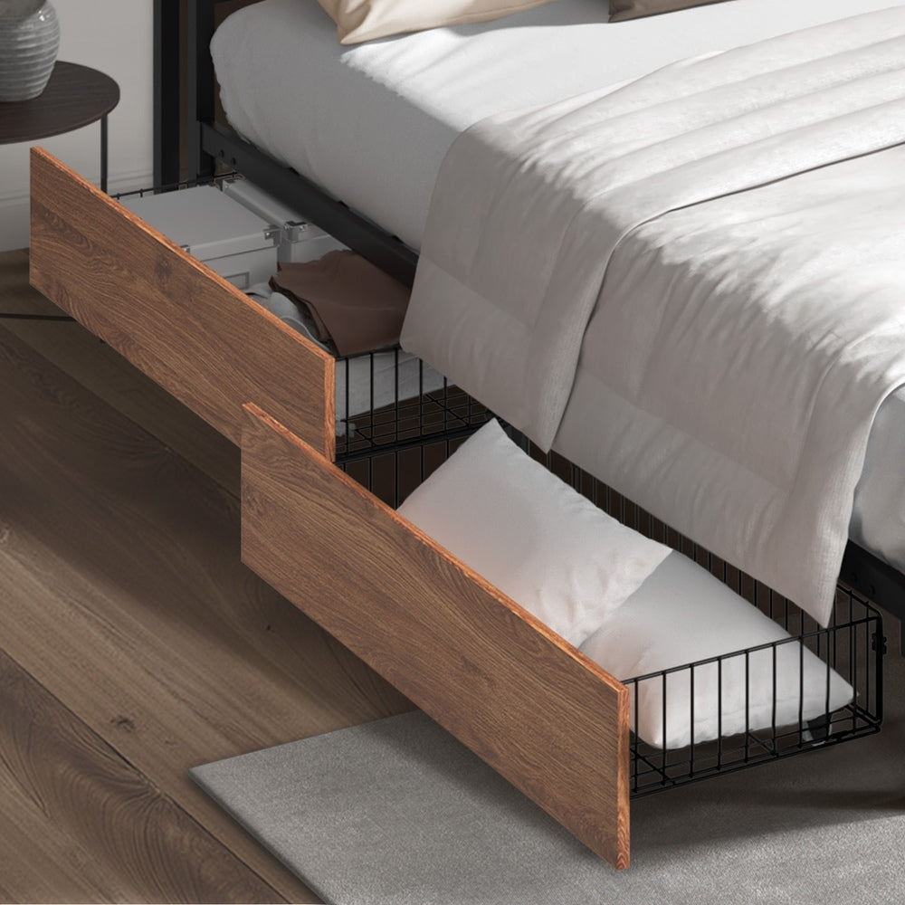 Oikiture 2x Bed Frame Storage Drawers with Wheels Metal Brown-Bed Drawer-PEROZ Accessories