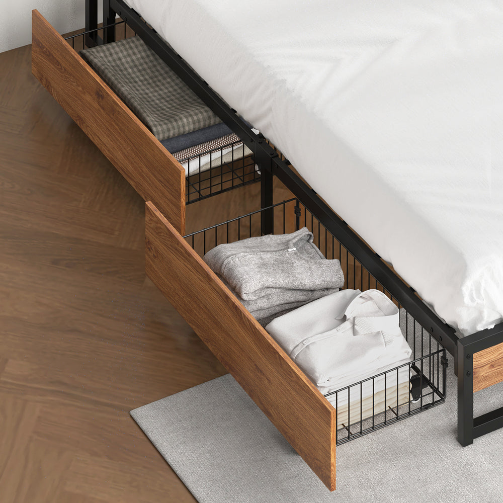 Oikiture 2x Bed Frame Storage Drawers with Wheels Metal Brown-Bed Drawer-PEROZ Accessories