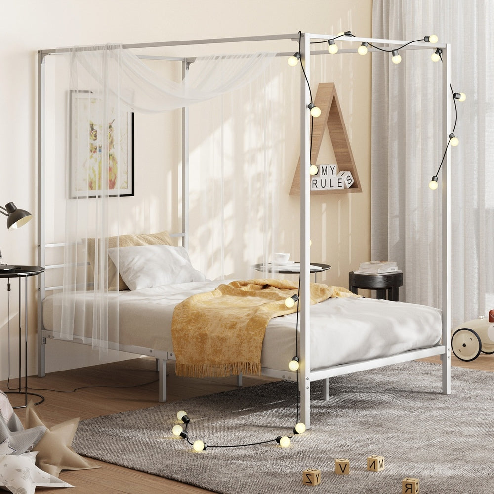Oikiture Metal Canopy Bed Frame Single Size White-Metal Bed Frames-PEROZ Accessories