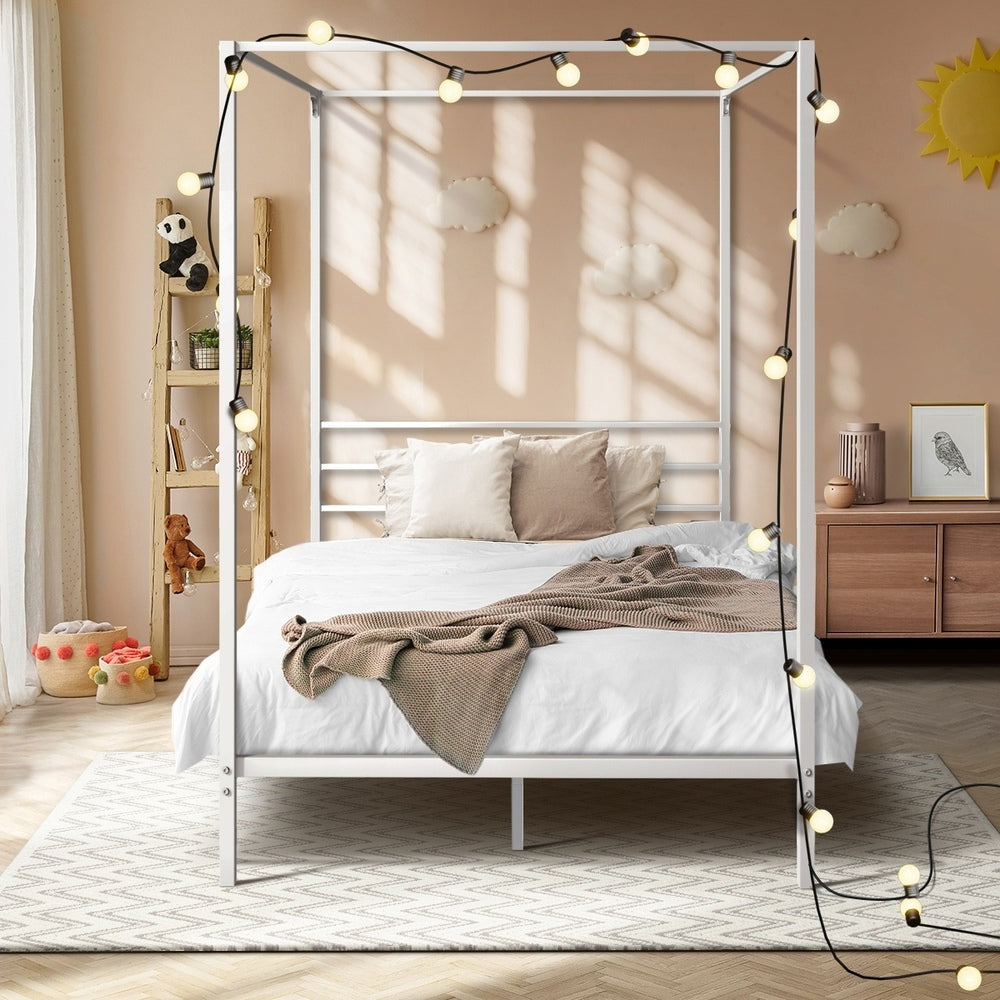 Oikiture Metal Canopy Bed Frame Single Size White-Metal Bed Frames-PEROZ Accessories