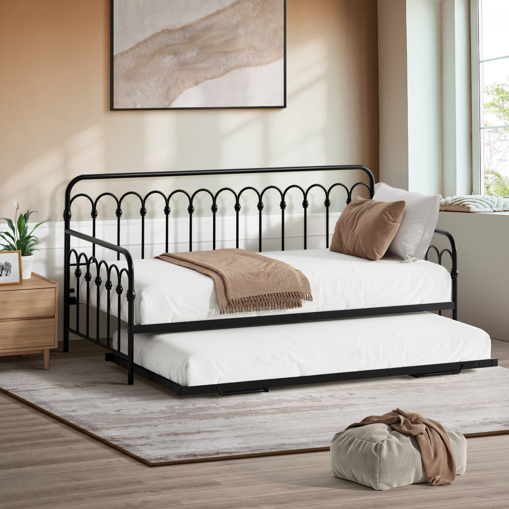 Oikiture Trundle Bed Frame Daybed Single Size Base Metal Black-Metal Bed Frame-PEROZ Accessories