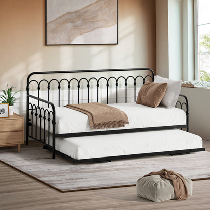 Oikiture Trundle Bed Frame Daybed Single Size Base Metal Black-Metal Bed Frame-PEROZ Accessories