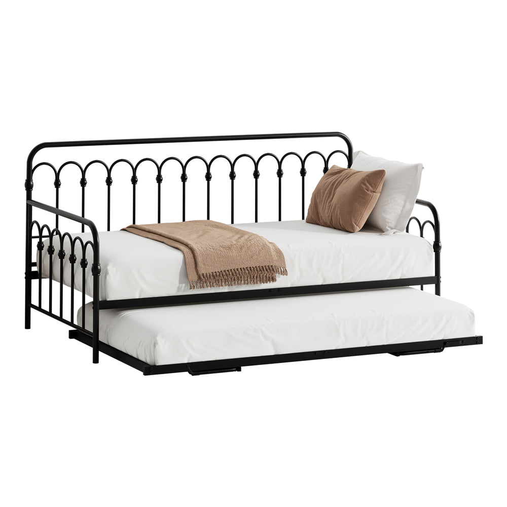 Oikiture Trundle Bed Frame Daybed Single Size Base Metal Black-Metal Bed Frame-PEROZ Accessories