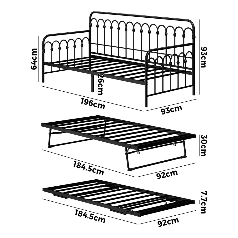Oikiture Trundle Bed Frame Daybed Single Size Base Metal Black-Metal Bed Frame-PEROZ Accessories