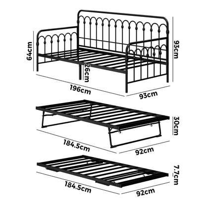 Oikiture Trundle Bed Frame Daybed Single Size Base Metal Black-Metal Bed Frame-PEROZ Accessories