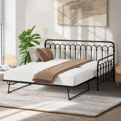 Oikiture Trundle Bed Frame Daybed Single Size Base Metal Black-Metal Bed Frame-PEROZ Accessories