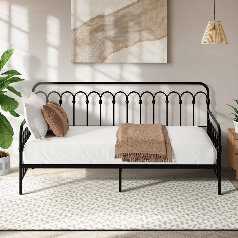 Oikiture Metal Daybed Frame Single Size Sofa Bed Steel Slat Black-Metal Bed Frame-PEROZ Accessories