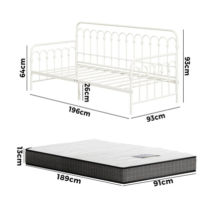 Oikiture Metal Daybed Frame Single Size Sofa Bed with Mattress Beige-Metal Bed Frame-PEROZ Accessories