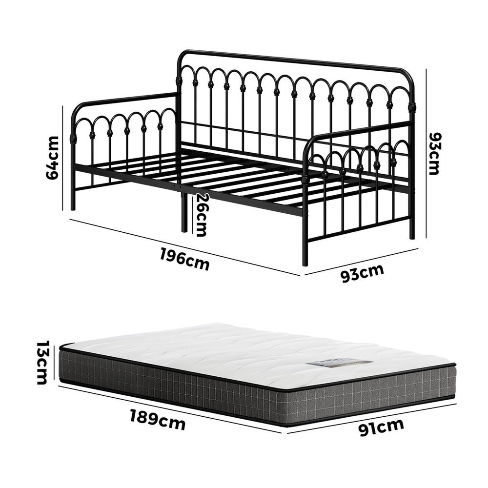 Oikiture Metal Daybed Frame Single Size Sofa Bed with Mattress Black-Metal Bed Frame-PEROZ Accessories
