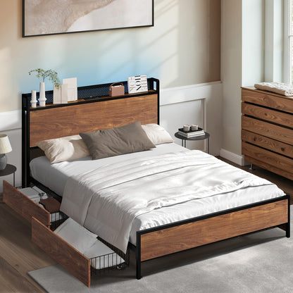 Oikiture Metal Bed Frame Double Size LED Headboard 2 Storage Drawers USB-Metal Bed Frame-PEROZ Accessories