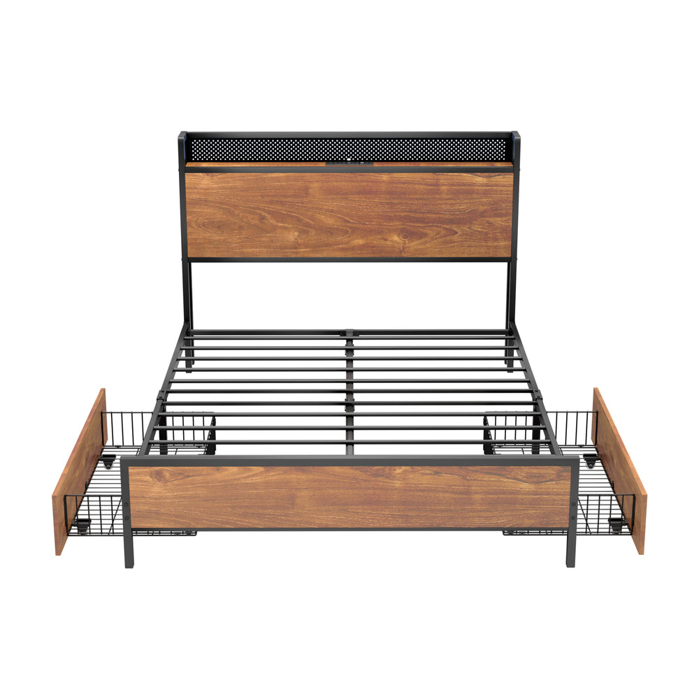Oikiture Metal Bed Frame Double Size LED Headboard 2 Storage Drawers USB-Metal Bed Frame-PEROZ Accessories