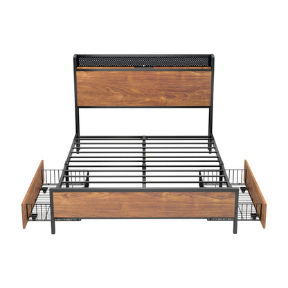 Oikiture Metal Bed Frame Double Size LED Headboard 2 Storage Drawers USB-Metal Bed Frame-PEROZ Accessories