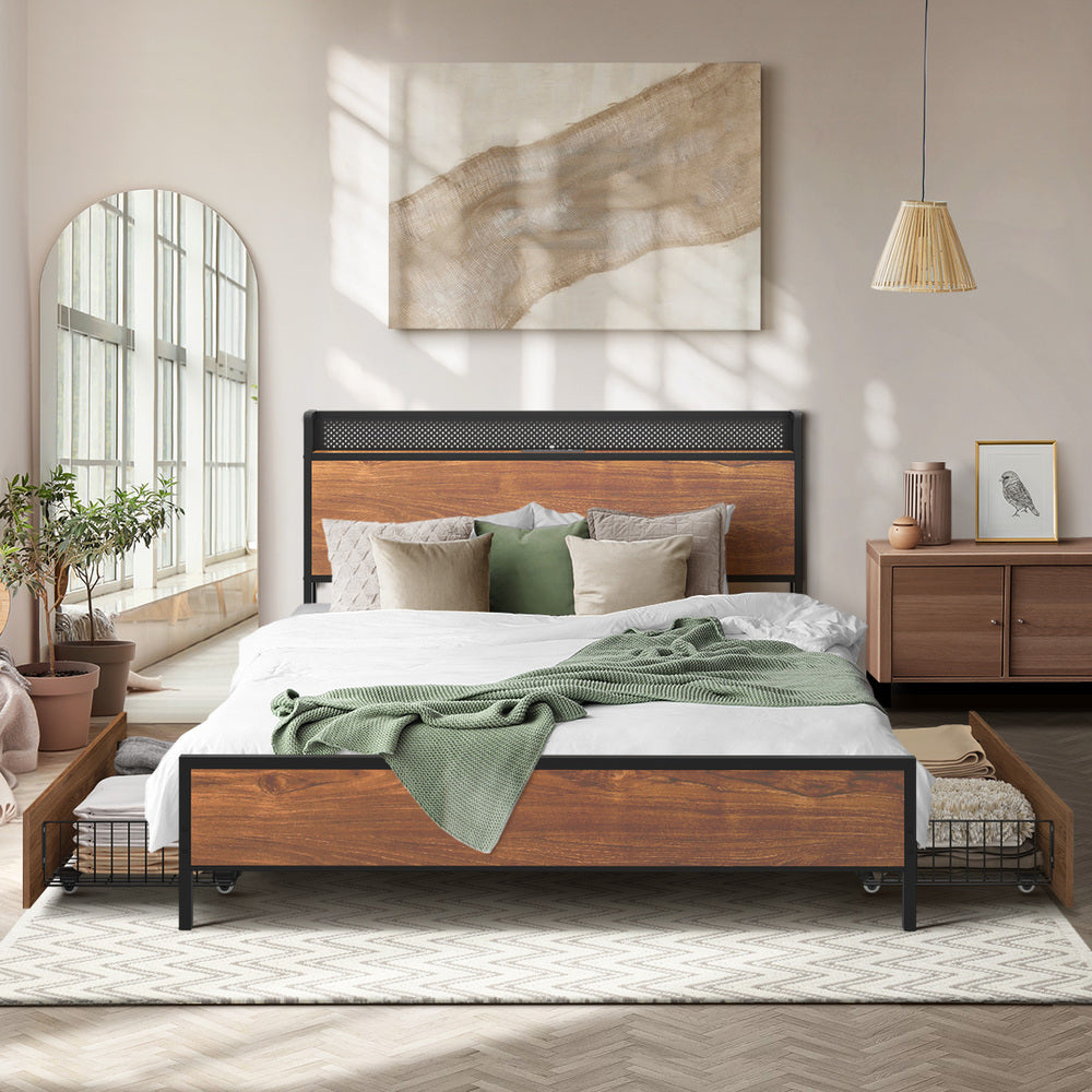 Oikiture Metal Bed Frame Double Size LED Headboard 2 Storage Drawers USB-Metal Bed Frame-PEROZ Accessories