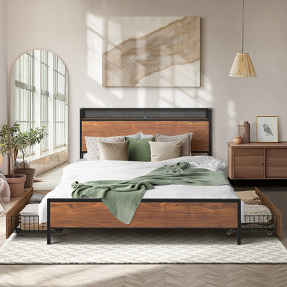 Oikiture Metal Bed Frame Double Size LED Headboard 2 Storage Drawers USB-Metal Bed Frame-PEROZ Accessories