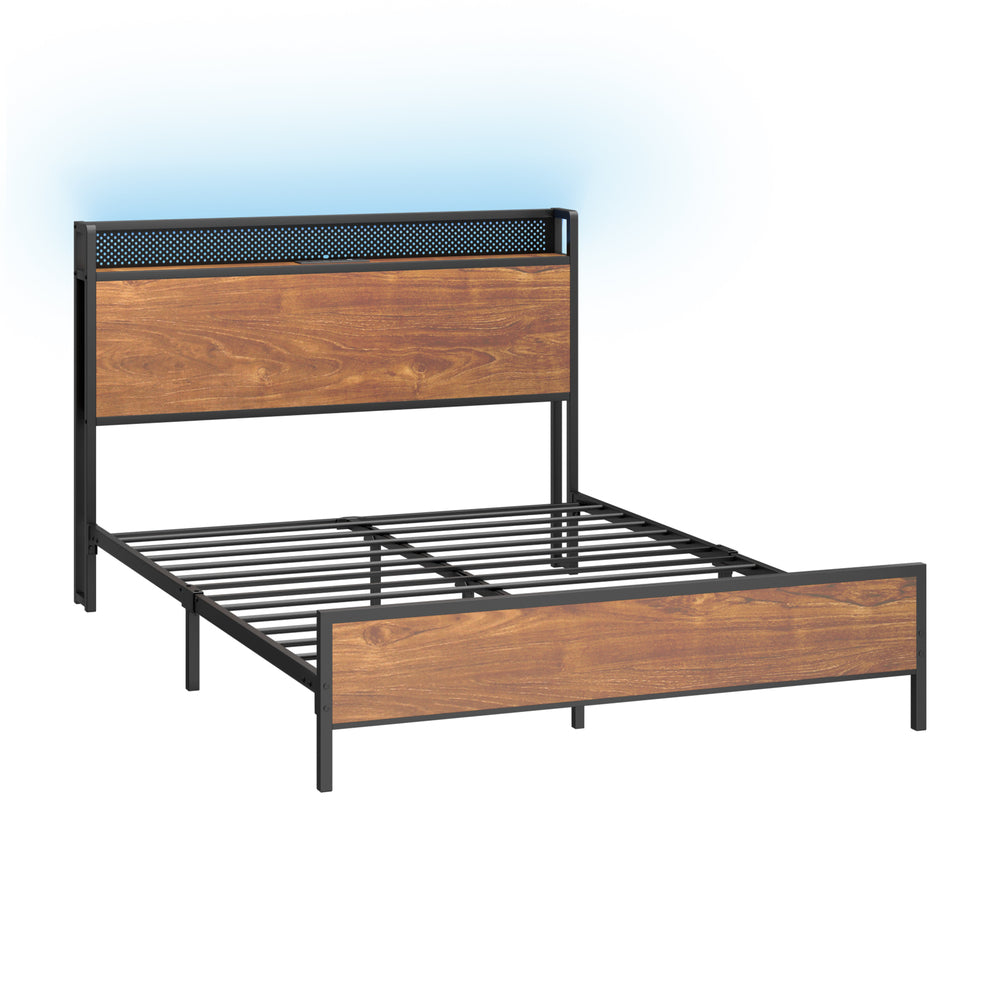 Oikiture Metal Bed Frame Double Size LED USB Charge Storage Headboard-Metal Bed Frame-PEROZ Accessories
