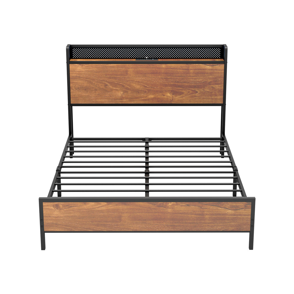 Oikiture Metal Bed Frame Double Size LED USB Charge Storage Headboard-Metal Bed Frame-PEROZ Accessories